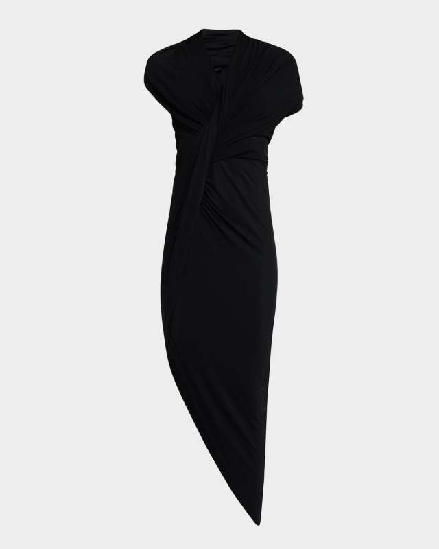 Draped Sleeveless Asymmetric Midi Dress